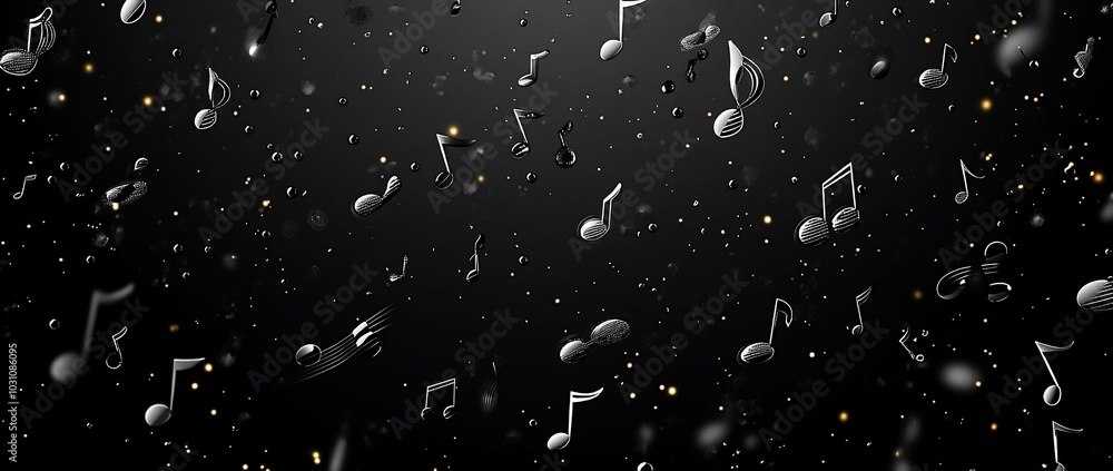 A dark background filled with floating musical notes and sparkles, evoking a musical atmosphere. A dark background filled with floating musical notes and sparkles, evoking a musical atmosphere.