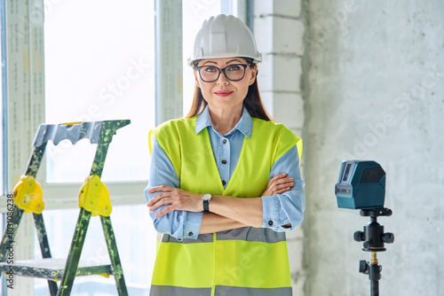 Woman in safety vest hard hat with crossed arms on new residential or commercial real estate site photo