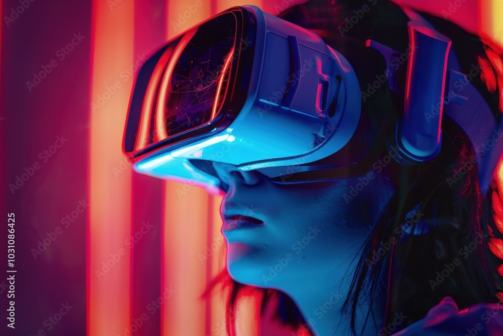 A person experiences virtual reality with a high-tech headset while immersed in a futuristic environment during a captivating session A person experiences virtual reality with a high-tech headset while immersed in a futuristic environment during a captivating session