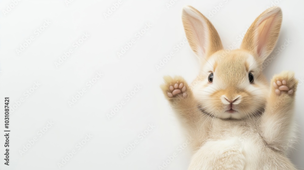 Obraz premium An adorable brown bunny with fluffy fur and paws raised high, set against a clean and bright white background for Easter lovers