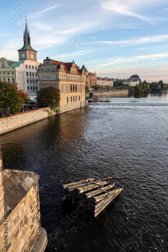 Historic Smetana Embankment Along the Vltava River in Prague with Scenic Waterfront Views at Sunset photo