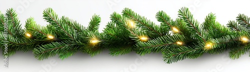 A seamless decorative border with lights garland and coniferous branches isolated on a transparent background