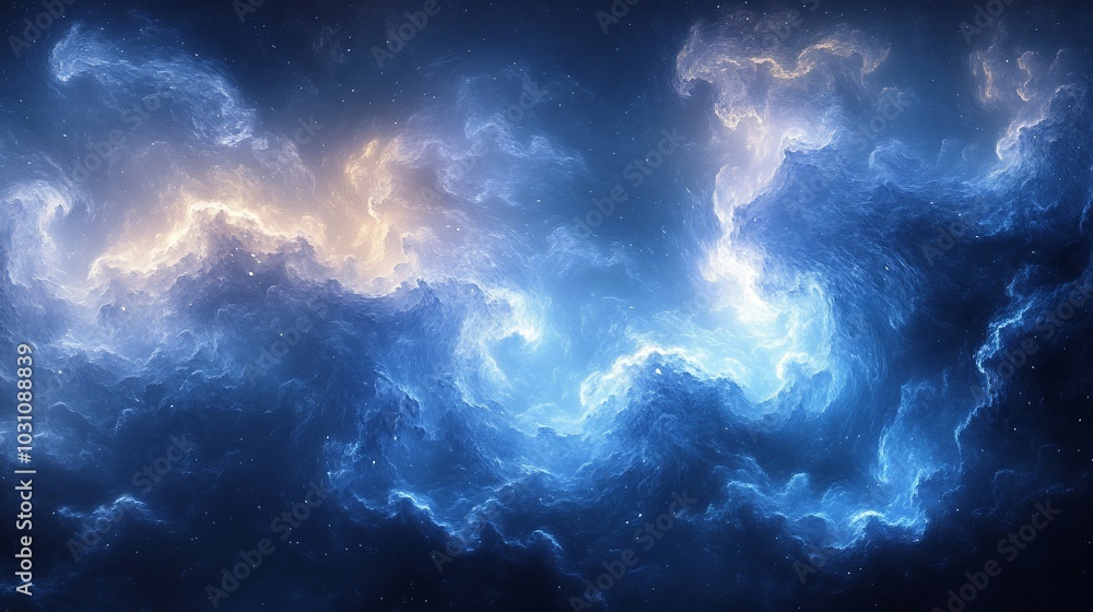 A cosmic scene featuring swirling clouds of blue and gold, evoking a sense of wonder. A cosmic scene featuring swirling clouds of blue and gold, evoking a sense of wonder.