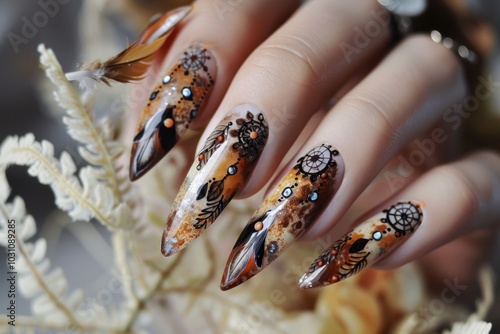 Colorful handmade nail art featuring dreamcatcher designs, feathers, and beads displayed on a bed of autumn leaves with a warm seasonal atmosphere photo