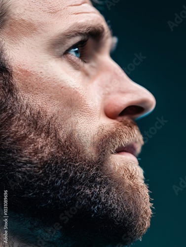 Bearded man gazes up, lost in thought, with a serious expression reflecting hope and faith, his striking blue eyes adding to his handsome appearance