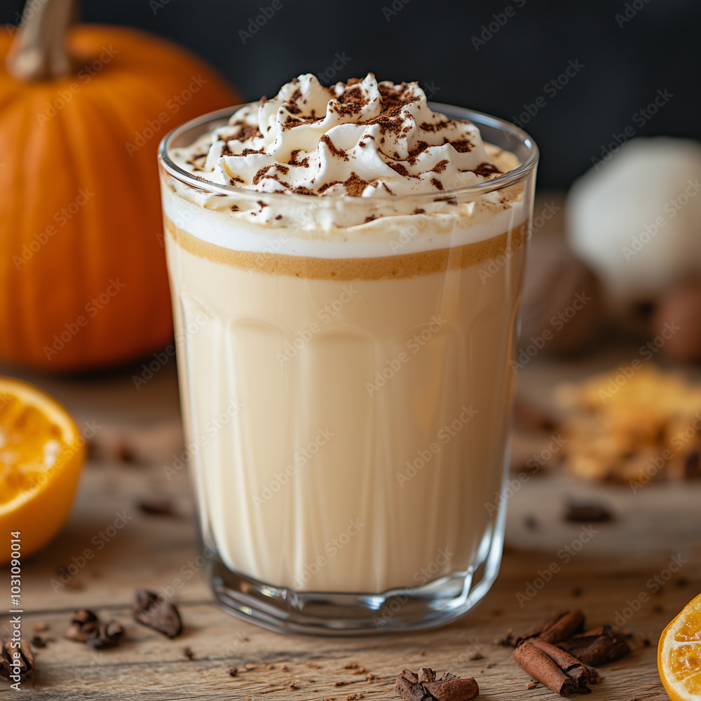 Creamy pumpkin spice latte with whipped cream and spices. Creamy pumpkin spice latte with whipped cream and spices.