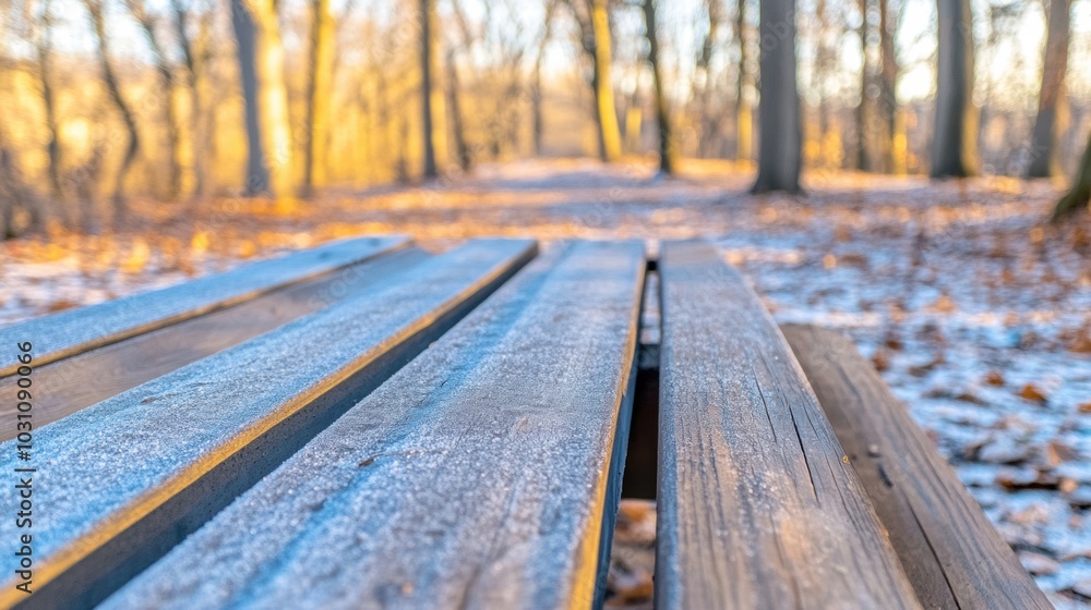 Frost-covered wooden bench in a serene autumn forest setting, AI Frost-covered wooden bench in a serene autumn forest setting, AI