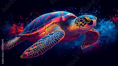 A vibrant, stylized illustration of a sea turtle against a colorful cosmic background. photo