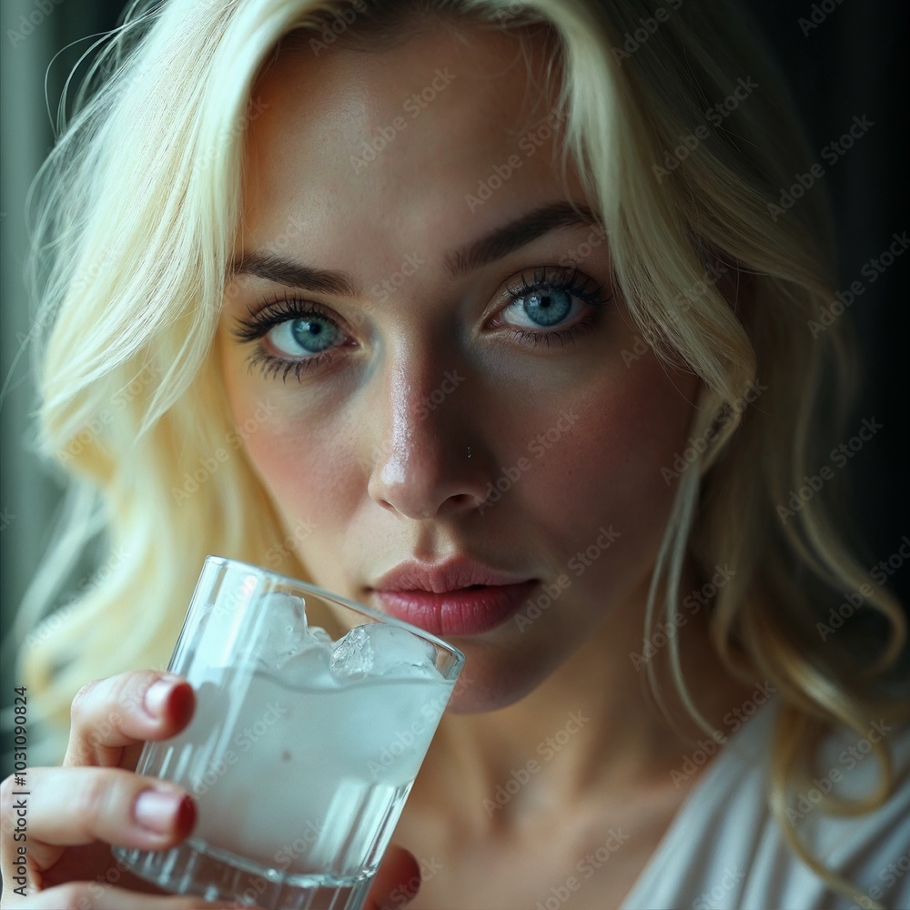 Scandinavian blond woman drinking vodka on the rocks Scandinavian blond woman drinking vodka on the rocks