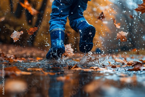 A young child in blue rain boots joyfully splashes through a puddle as autumn leaves fall around. The scene captures the essence of a playful day outdoors in a vibrant forest