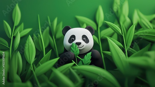 A cute panda surrounded by lush green leaves, creating a playful and vibrant scene in nature.