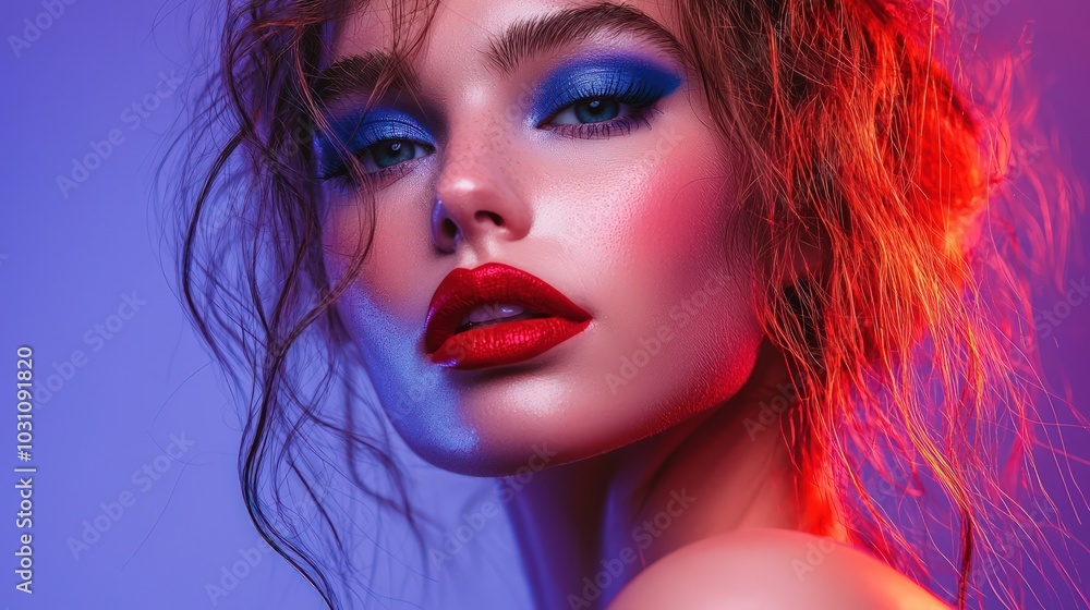 Purple backdrop complements a woman with blue eyeshadow and red lipstick, presenting a stylish pose. Purple backdrop complements a woman with blue eyeshadow and red lipstick, presenting a stylish pose.