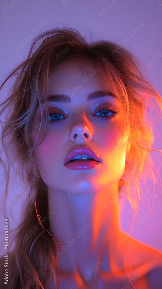 Close-up portrait of a young woman with blonde hair, illuminated by colorful lights, creating a dramatic and ethereal effect. Close-up portrait of a young woman with blonde hair, illuminated by colorful lights, creating a dramatic and ethereal effect.