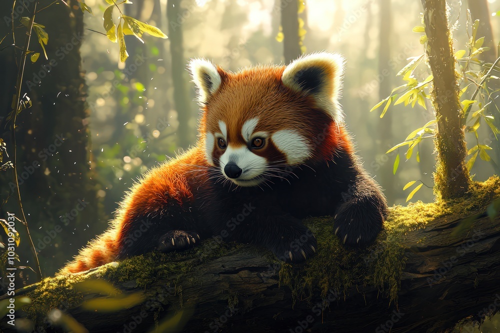 Red panda perched on a mossy log in a sunlit forest Red panda perched on a mossy log in a sunlit forest