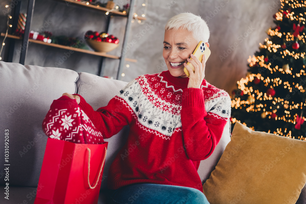 Portrait of pretty aged woman speak phone sweater shop bag new year xmas garland lights flat indoors Portrait of pretty aged woman speak phone sweater shop bag new year xmas garland lights flat indoors