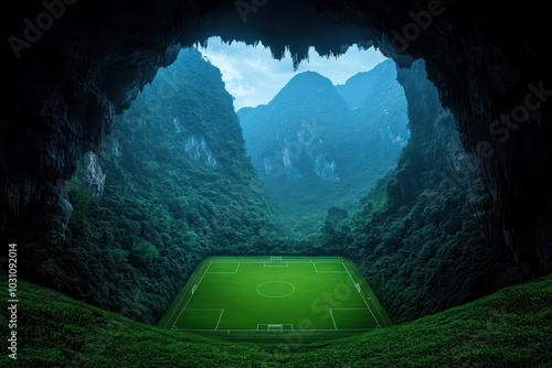 A football field nestled in a serene cave surrounded by lush mountains and greenery, offering a unique sporting atmosphere. photo