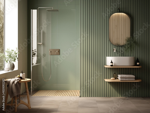 Simple minimalist wabi sabi bathroom in neutral colors with wood panneling. Wood panneling wall and minimalist bath. Clean look bathroom