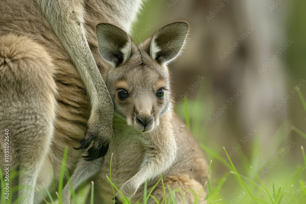 Young kangaroo resting among foliage in a natural habitat during daylight in Australia, showcasing its curious expression and natural fur patterns Young kangaroo resting among foliage in a natural habitat during daylight in Australia, showcasing its curious expression and natural fur patterns