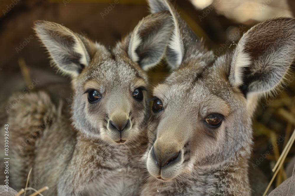 Young kangaroo resting among foliage in a natural habitat during daylight in Australia, showcasing its curious expression and natural fur patterns Young kangaroo resting among foliage in a natural habitat during daylight in Australia, showcasing its curious expression and natural fur patterns