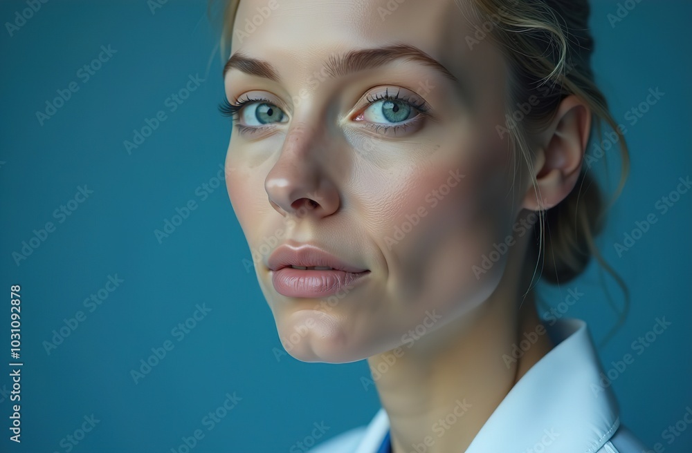 Slavic female doctor in white coat looking at camera, close-up on plain blue background. Slavic female doctor in white coat looking at camera, close-up on plain blue background.