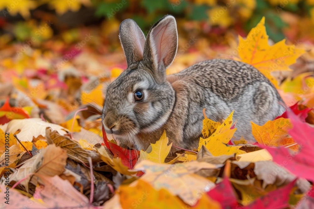 A cute rabbit sitting amidst colorful autumn leaves in a serene park, showcasing the beauty of nature during the fall season A cute rabbit sitting amidst colorful autumn leaves in a serene park, showcasing the beauty of nature during the fall season