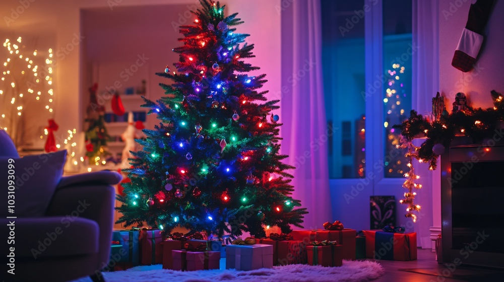 Festive Christmas tree decorated with glowing lights and ornaments in a cozy living room, with gifts underneath, copy space Festive Christmas tree decorated with glowing lights and ornaments in a cozy living room, with gifts underneath, copy space