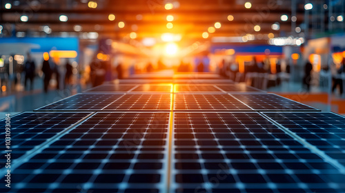 A Futuristic Display of Innovative Solar Panel Technology, Highlighting Different Types and Designs in a Tech Expo Setting.