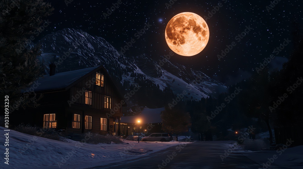 Fototapeta premium A serene winter night scene featuring a cabin illuminated by moonlight, surrounded by mountains under a starry sky.