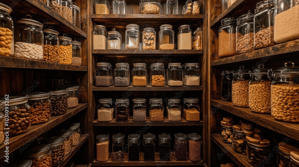 Organized Pantry with Glass Jars and Natural Ingredients Organized Pantry with Glass Jars and Natural Ingredients