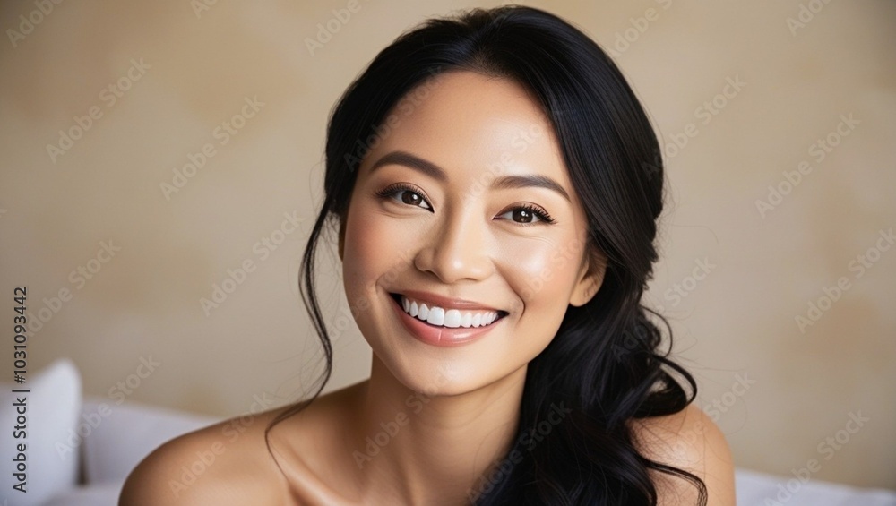 Beautiful Asian woman smiling closeup. Happy woman in spa salon Beautiful Asian woman smiling closeup. Happy woman in spa salon