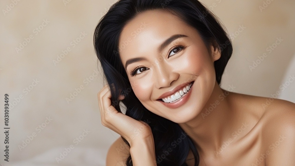 Beautiful Asian woman with nice smile for dental clinic advertising. Teeth whitening Beautiful Asian woman with nice smile for dental clinic advertising. Teeth whitening