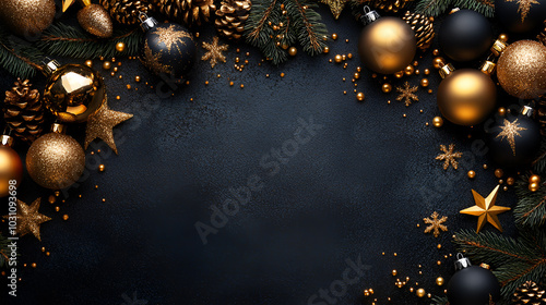 Golden, black ornaments and stars Christmas black background with empty space