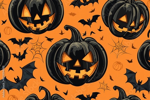 Seamless Halloween pattern with ebony pumpkins, bats, and eerie motifs against an orange backdrop, crafted in vector format. photo