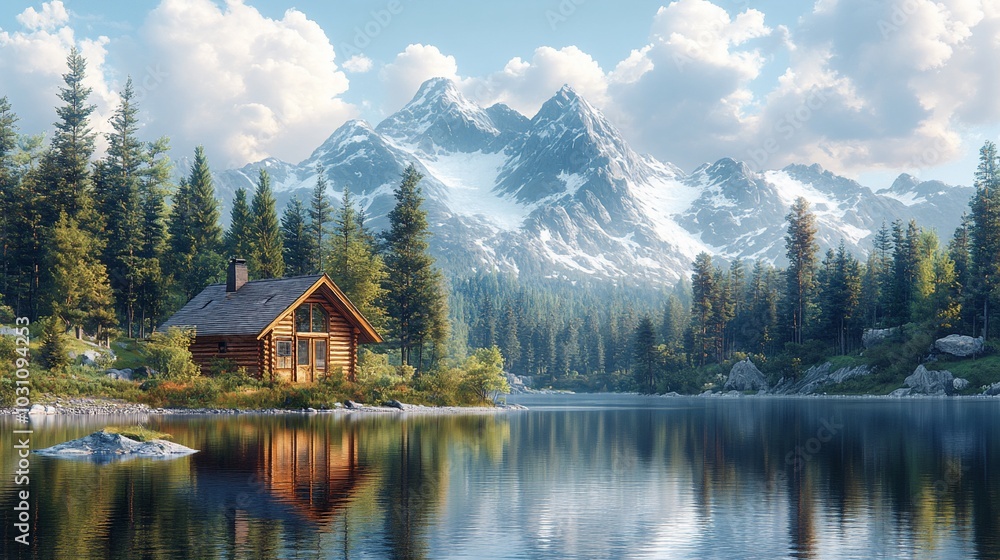 A serene lakeside cabin surrounded by mountains and lush forests under a clear sky. A serene lakeside cabin surrounded by mountains and lush forests under a clear sky.