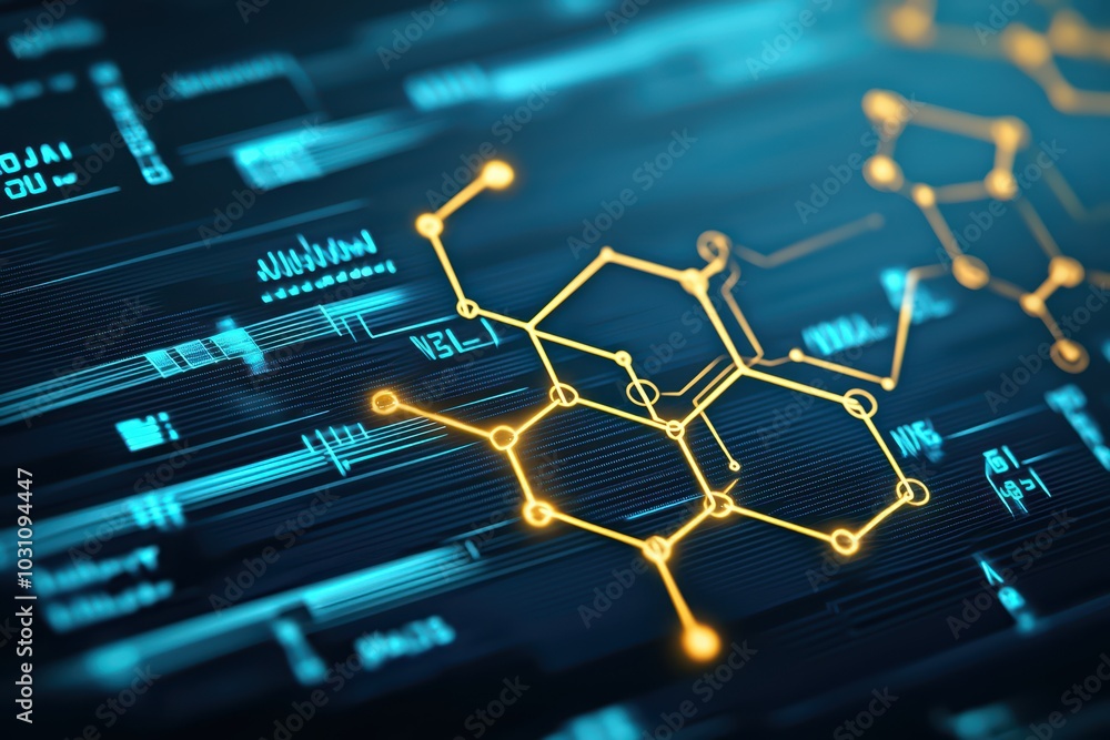 Obraz premium Abstract molecular structure with glowing elements on a digital background.