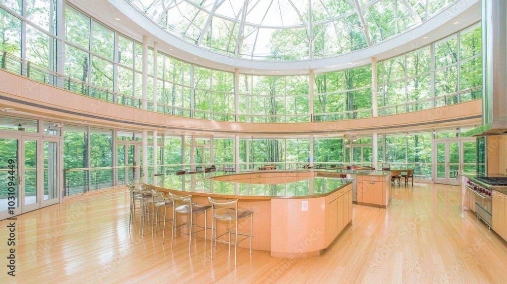 Obraz premium Modern Kitchen with Large Windows and Scenic View