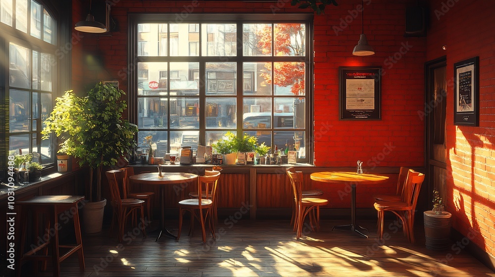 Obraz premium Cozy cafe interior with wooden furniture and bright sunlight filtering through large windows.