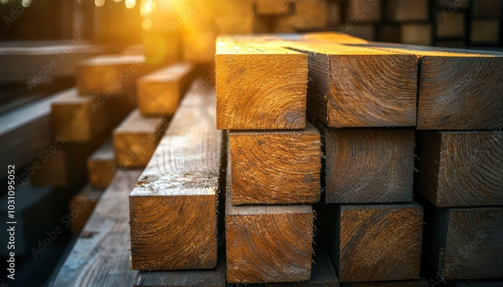 Stacks wooden beams caressed by soft sunlight outdoors Stacks wooden beams caressed by soft sunlight outdoors