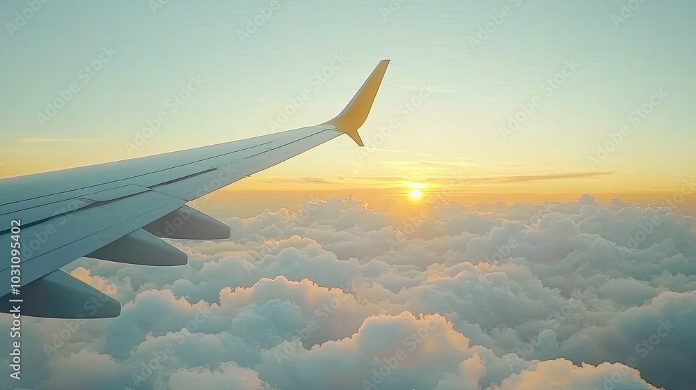 Obraz premium Airplane wing and sunset over fluffy clouds.