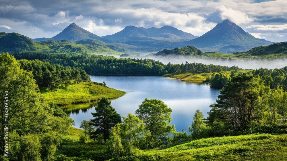 Serene Mountain Landscape with Calm Lake and Lush Forest Serene Mountain Landscape with Calm Lake and Lush Forest