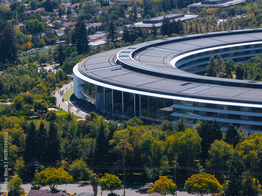 Aerial View of Apple Park and Surrounding Landscape in Cupertino