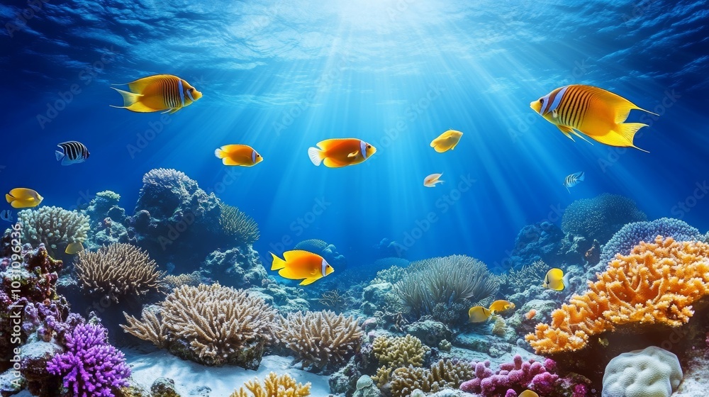 Fototapeta premium Vibrant coral reef teeming with exotic fish, bathed in sunlight, tranquil underwater ocean scene.