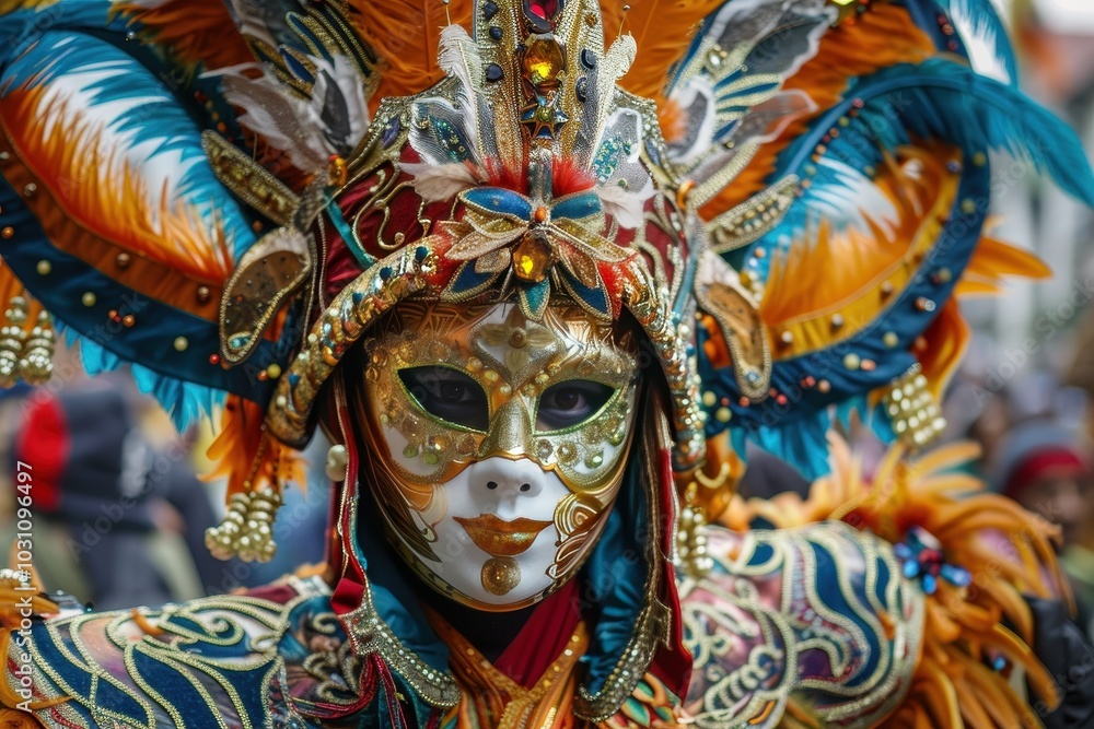 A detailed view of an elegantly dressed individual wearing an ornate mask at a carnival celebration in Italy, showcasing the vivid colors and intricate designs of their costume A detailed view of an elegantly dressed individual wearing an ornate mask at a carnival celebration in Italy, showcasing the vivid colors and intricate designs of their costume