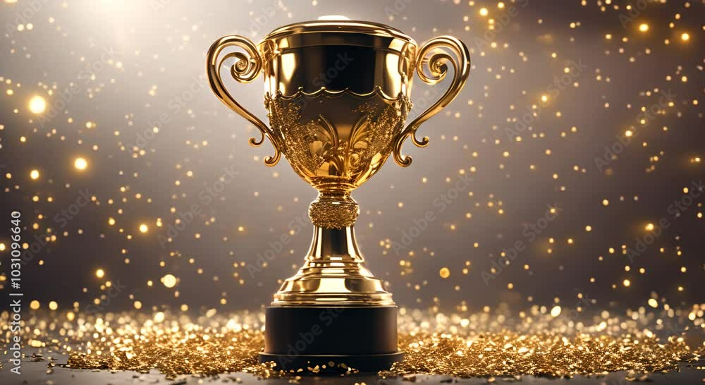 Golden trophy with sparkling confetti on a dark background Video of award and celebration concept 4k animation Golden trophy with sparkling confetti on a dark background Video of award and celebration concept 4k animation