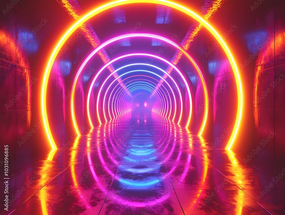A futuristic tunnel with glowing neon lights in vibrant colors. A futuristic tunnel with glowing neon lights in vibrant colors.