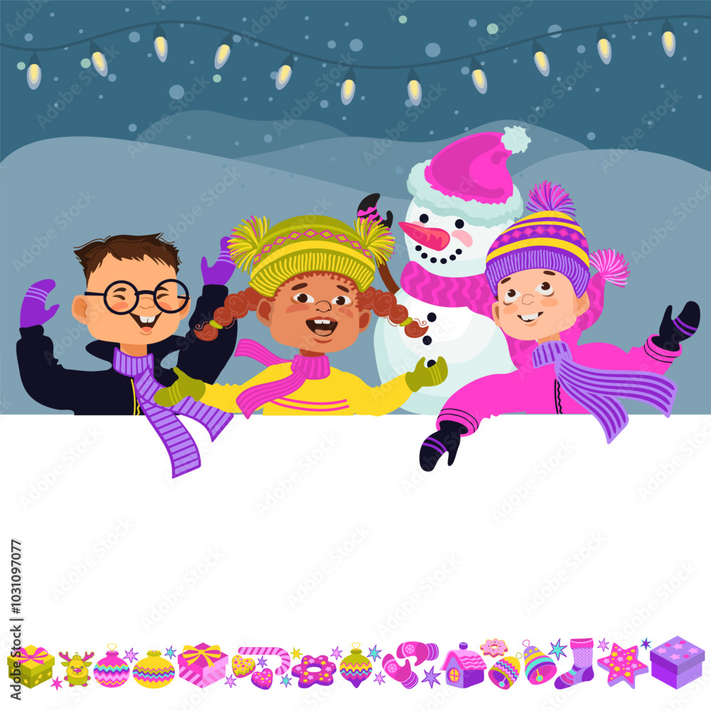 Happy kids in bright winter clothes and a snowman. Greeting card template. Cheerful cartoon children, Christmas decor, and a place for your text. Vector illustration. Happy kids in bright winter clothes and a snowman. Greeting card template. Cheerful cartoon children, Christmas decor, and a place for your text. Vector illustration.