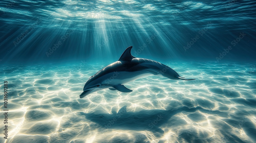 Obraz premium A dolphin swims through clear blue water with sunlight rays illuminating the scene.