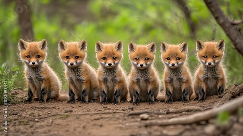 Six adorable red fox kits sit in a row, looking directly at the camera. They are in a forest setting with green foliage in the background.