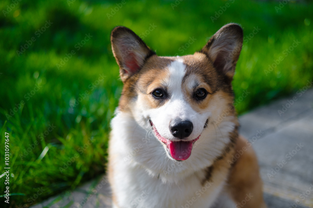 Red and white Welsh Corgi Pembroke sits against green grass in the park, looks at the camera, smiles with his mouth open and shows his tongue. Corgi puppy. Walking with a pet. Pedigree dog Red and white Welsh Corgi Pembroke sits against green grass in the park, looks at the camera, smiles with his mouth open and shows his tongue. Corgi puppy. Walking with a pet. Pedigree dog