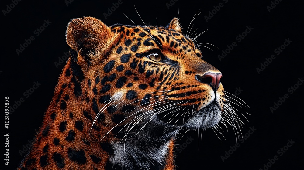 Obraz premium A detailed portrait of a leopard, showcasing its striking features against a dark background.